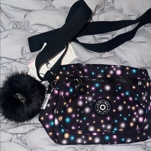Kipling Multicolor Dot Crossbody Bag with Black Pom Pom
